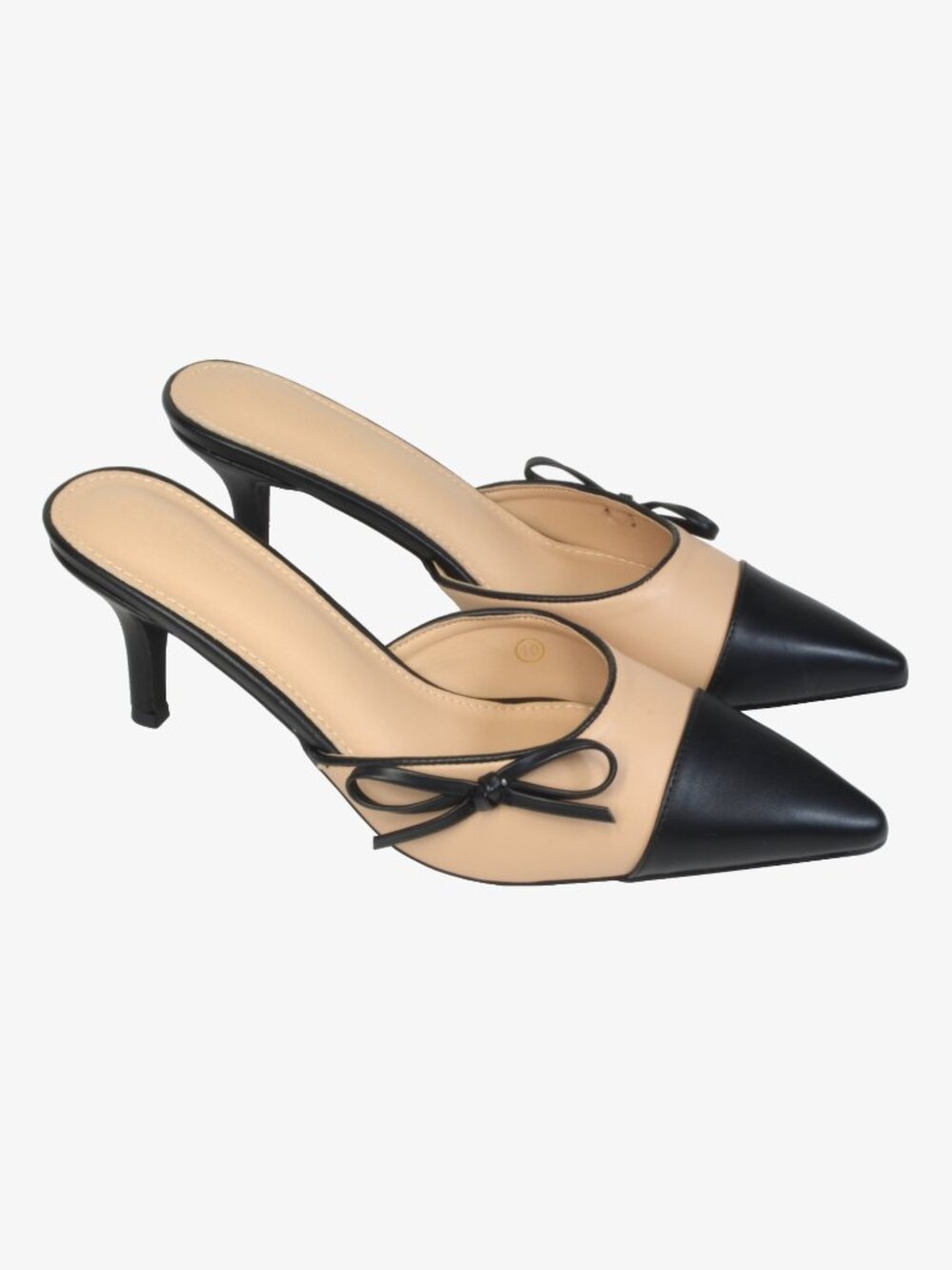 Coutgo Bow Tie Heels, Pointed Toes, Black and Tan, 10